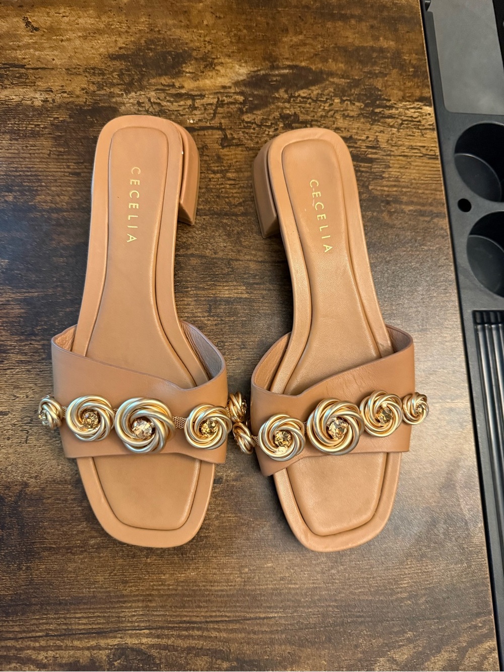 Cecelia Tan Leather Slide Sandals with Gold Rosette Trim size7.5
